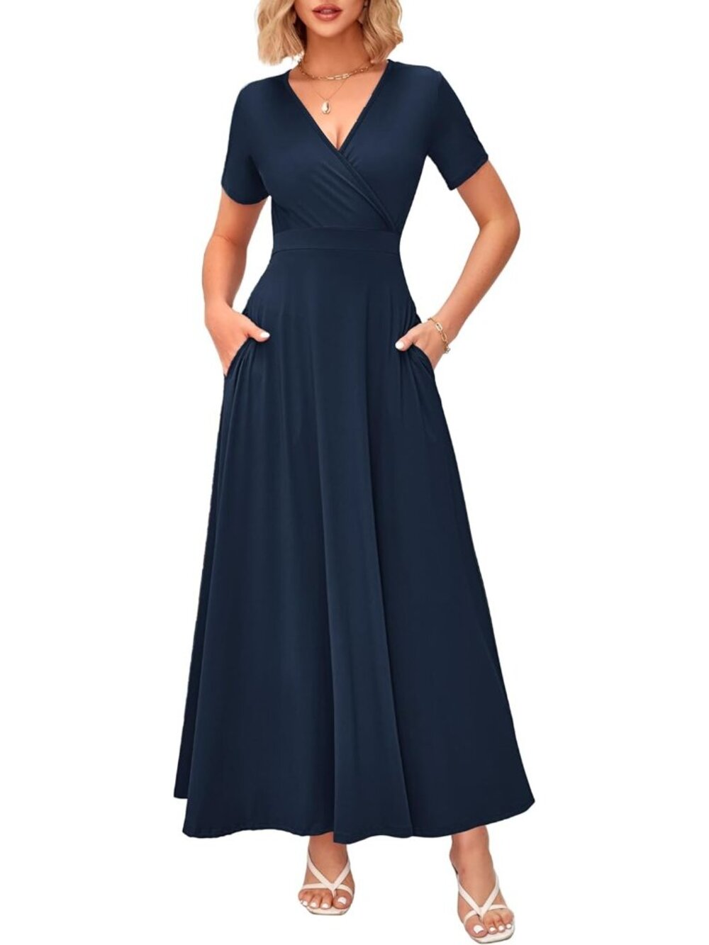 Women's Navy Summer Maxi Dress Wrap V Neck Elegant Long Dress Short Sleeve